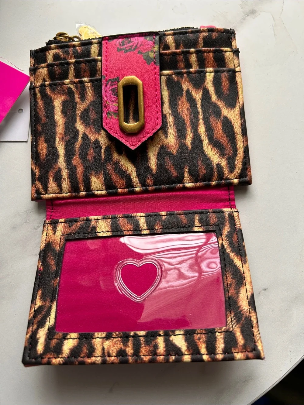 Betsey Johnson Hot Pink Floral & Leopard Trim Card Wallet with Turn-Lock